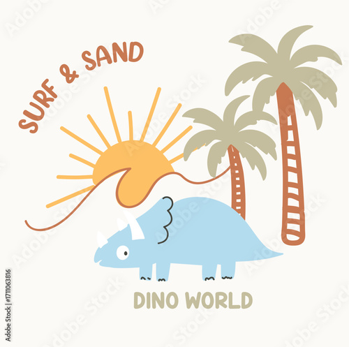 Dino on a beach vacation chilling alone and palm tree with surf wave and text background 