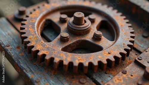 Close-up reveals aged gear resting on weathered wood. Rust covers metal surface showing corrosion and decay. Orange hues blend with brown tones creating texture. Industrial relic displays time impact.