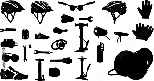 Collection of bicycle accessories and equipment silhouette isolated on white background
