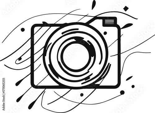 Black bold outline with white background, Black outline of camera shutter icon with abstract lines, photography symbol 2