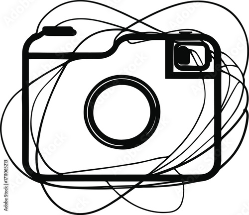 Black bold outline with white background, Black outline of camera shutter icon with abstract lines, photography symbol 1