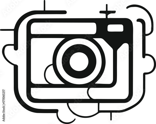 Black bold outline with white background, Black outline of camera shutter icon with abstract lines, photography symbol 3.