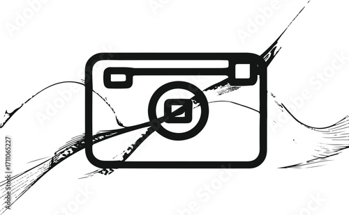 Black bold outline with white background, Black outline of camera shutter icon with abstract lines, photography symbol
