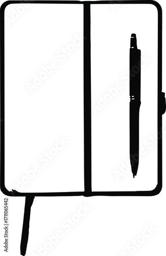 Black bold outline with white background, Minimal black outline of notebook with pen on side, creative workspace 1