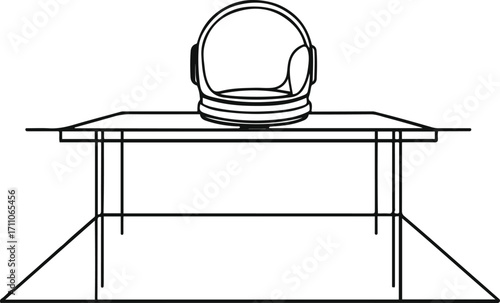 Black bold outline with white background, Minimal line art of astronaut helmet placed on table, thin clean black outline 1