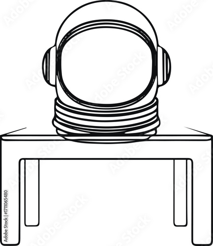 Black bold outline with white background, Minimal line art of astronaut helmet placed on table, thin clean black outline 3