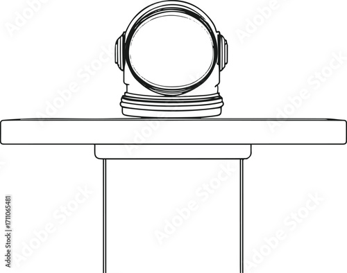Black bold outline with white background, Minimal line art of astronaut helmet placed on table, thin clean black outline 2