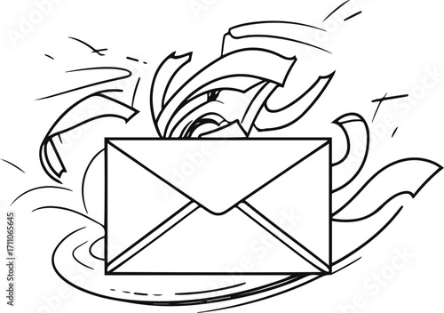 Black bold outline with white background, Minimal line art of mail envelope with paper flying out, communication concept
