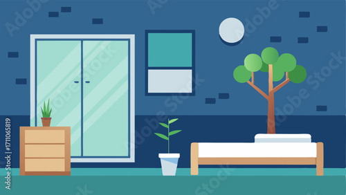 A minimalist bedroom with a single potted tree serving as the centerpiece of the room.