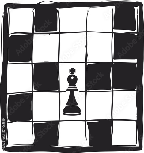 Black bold outline with white background, Minimal single line drawing of chess board with one piece standing 3