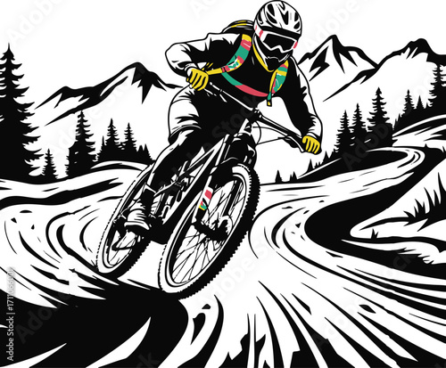 Outline vector of mountain biker riding on trail, outdoor adventure theme 3