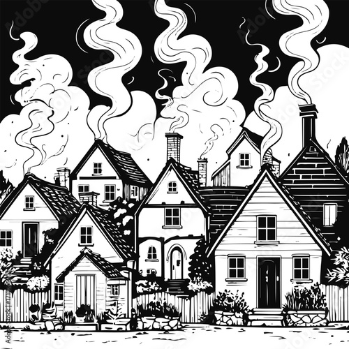 Outline vector of small village houses with smoke coming out of chimneys