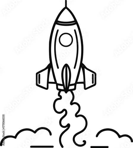Black bold outline with white background, Minimal single line drawing of rocket launching with smoke trail 2