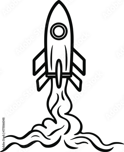 Black bold outline with white background, Minimal single line drawing of rocket launching with smoke trail 1