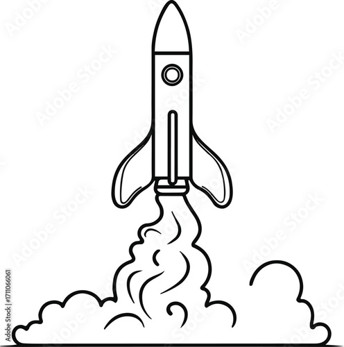 Black bold outline with white background, Minimal single line drawing of rocket launching with smoke trail 3