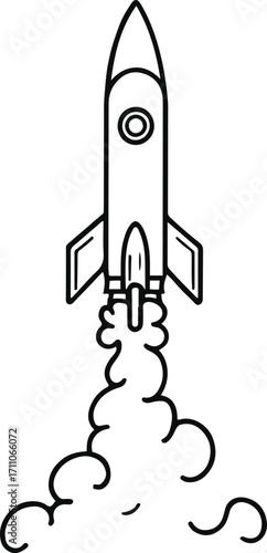 Black bold outline with white background, Minimal single line drawing of rocket launching with smoke trail