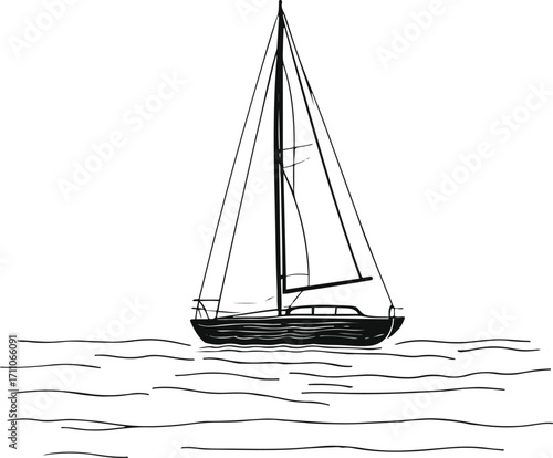 Black bold outline with white background, Minimal single line drawing of sailboat on calm sea, black outline 1.