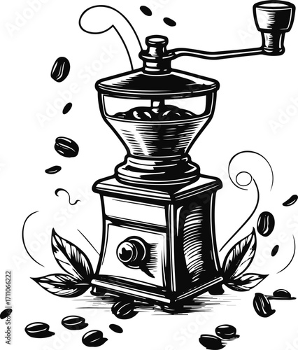 Black bold outline with white background, Outline of small coffee grinder with beans, barista vibe 2