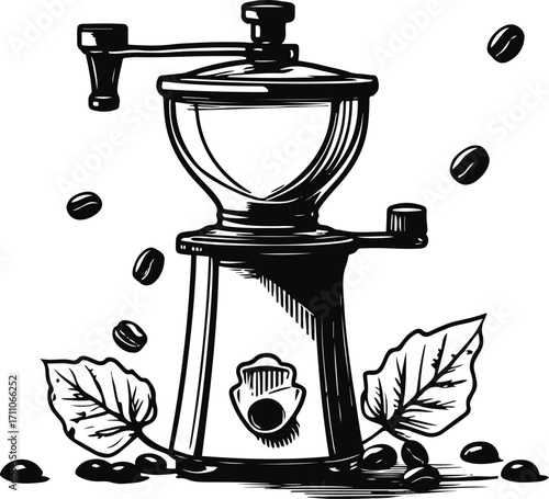 Black bold outline with white background, Outline of small coffee grinder with beans, barista vibe 3
