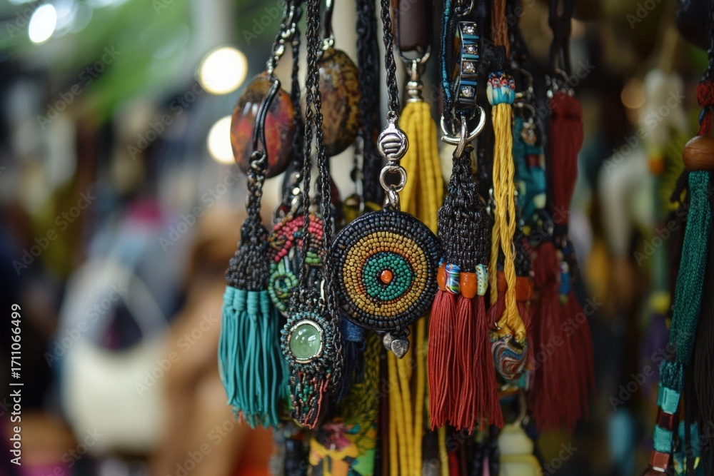 Naklejka premium Colorful handmade jewelry featuring intricate beadwork and vibrant tassels, displayed in a market setting, showcasing craftsmanship and cultural artistry
