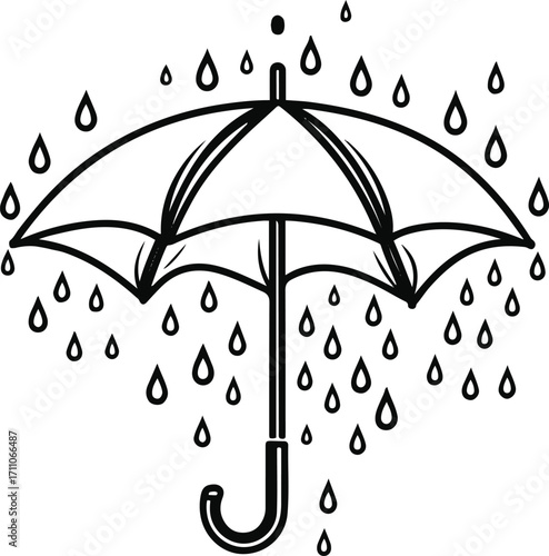 Black bold outline with white background, Outline vector of umbrella with raindrops falling, simple black lines 1