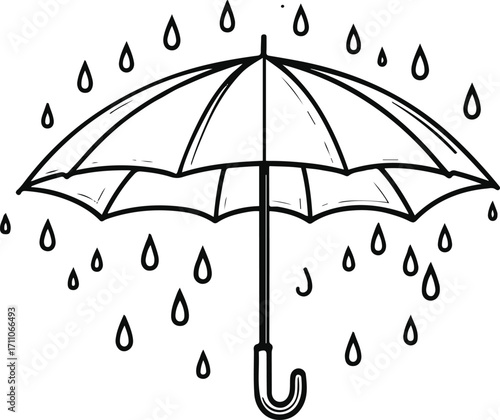 Black bold outline with white background, Outline vector of umbrella with raindrops falling, simple black lines 2