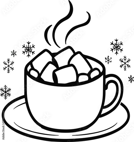 Black outline of a cup of hot chocolate with marshmallows, cozy winter vibe 1