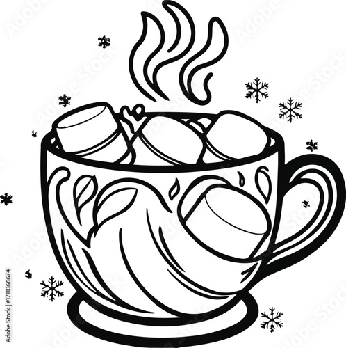 Black outline of a cup of hot chocolate with marshmallows, cozy winter vibe