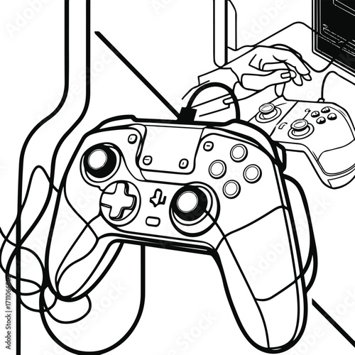 Line art of a gaming controller with wire, modern gamer illustration 1.