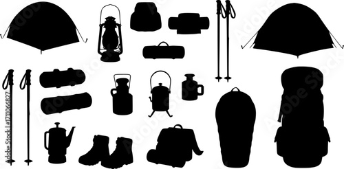 Collection of camping and hiking gear silhouettes isolated on white background silhouette
