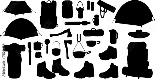Collection of camping and hiking gear silhouettes isolated on white background silhouette
