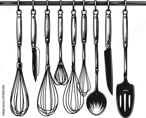 Outline drawing of kitchen utensils hanging on rack, thin black lines 2