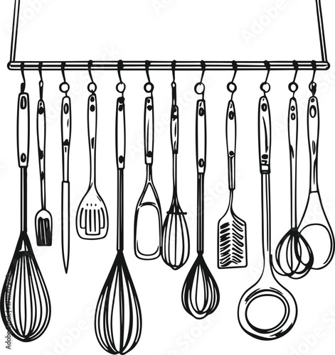 Outline drawing of kitchen utensils hanging on rack, thin black lines 3