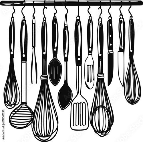 Outline drawing of kitchen utensils hanging on rack, thin black lines 1