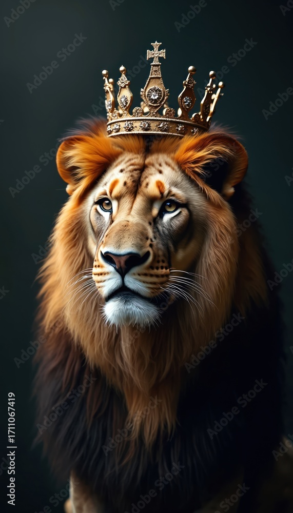 Fototapeta premium Majestic lion wears golden crown. Regal beast has intense gaze. King of jungle displays authority and power. Symbol of strength, leadership, and pride.