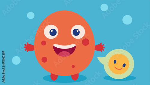 Cartoon Exosome A friendly cartoonstyle exosome character smiling and interacting with skin cells embodying the idea of cooperation between the patches and skin.