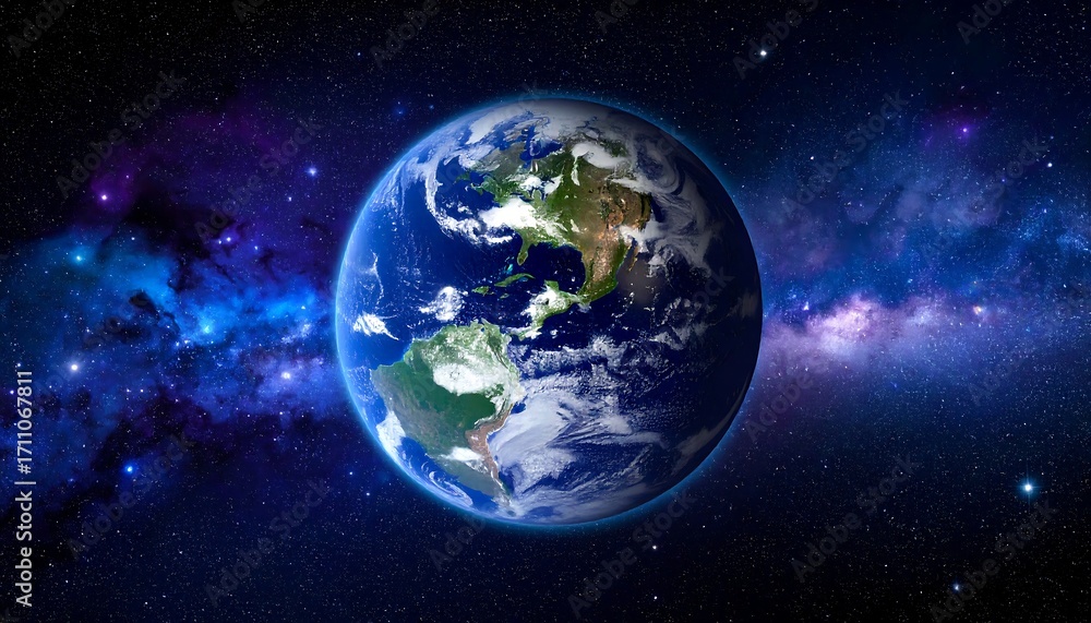 Obraz premium A vibrant depiction of planet Earth in space, highlighting continents and oceans against a swirling cosmic backdrop