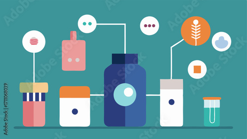 Collage of Ingredients A simplified collage of various nanotechnologybased ingredients like nanoliposomes or nanoemulsions shown in small containers with labels highlighting their