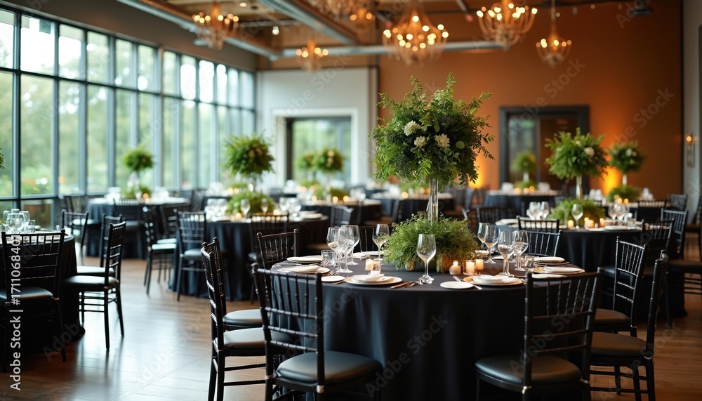 Obraz premium Event hall with round tables dressed in black linen. Tall plants centerpieces with white flowers and candles create a chic ambiance for formal gatherings like weddings or corporate dinners.