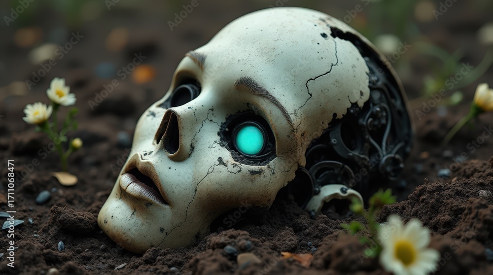 Close-up robotic face in soil with flowers, teal glowing eye, detailed mechanical damage, organic contrast, soft shadows, melancholic futuristic atmosphere Close-up robotic face in soil with flowers, teal glowing eye, detailed mechanical damage, organic contrast, soft shadows, melancholic futuristic atmosphere