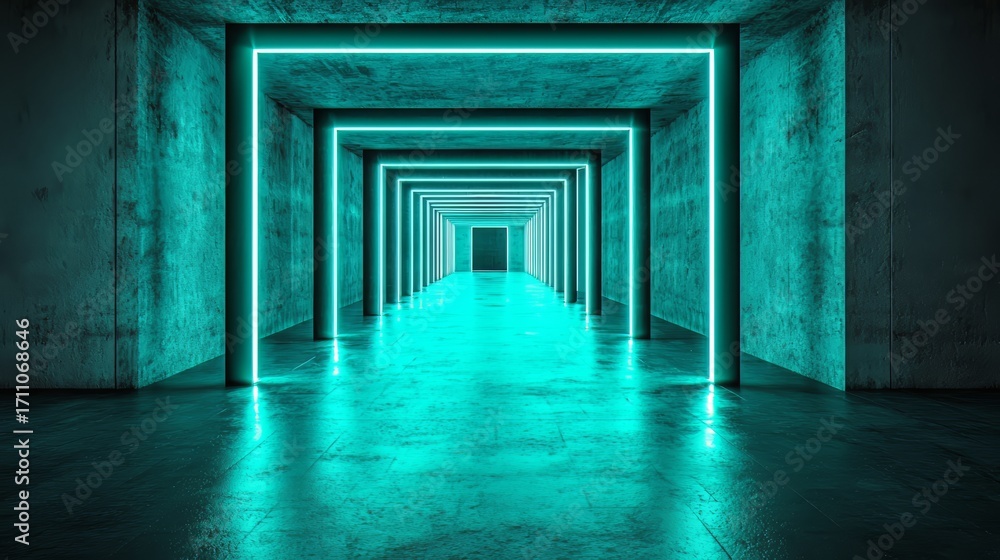 Obraz premium Long, narrow room with neon lights on the ceiling. The room is mostly blue, with some green accents. The lights create a futuristic, almost otherworldly atmosphere