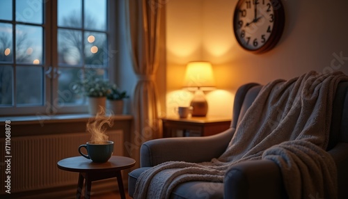 Cozy home interior, warm light. Hot steaming coffee on small wooden table. Plush armchair with soft blanket. Wall clock above. Window shows dim dusk. Relaxing autumn vibe, extra hour of peaceful rest.