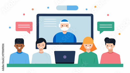 Automated Captioning Service A group of people in a meeting with an overlay of live captions appearing above their heads on a screen demonstrating AIgenerated subtitles for