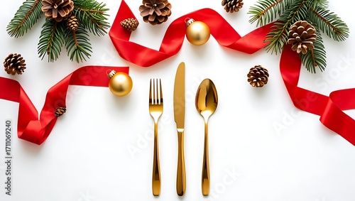 Festive table setting with golden cutlery and decorations