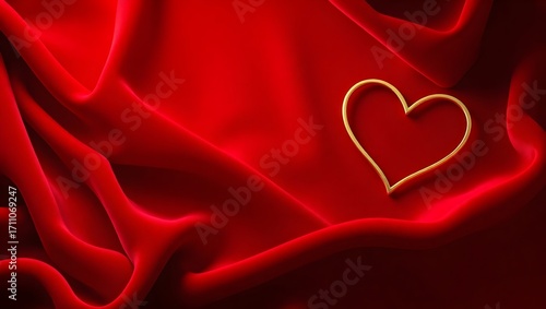 Luxury Valentine’s Day background with red velvet and golden heart for greeting cards and posters