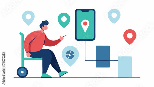 AIPowered Navigation Device An illustration of a user with mobility challenges using a mobile application for route guidance with an AI map overlay indicating accessible paths and