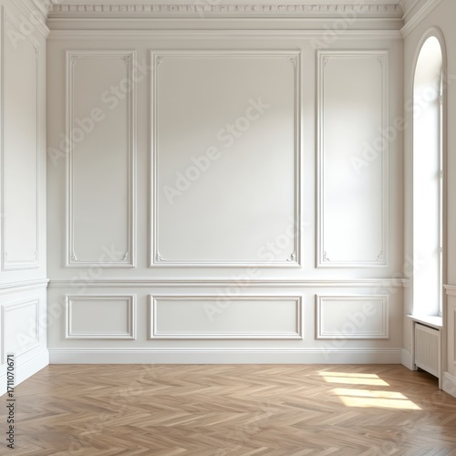 Empty bright room with white wainscoting walls and light parquet floor. Modern interior design with minimalist classic style. Sunlight from window illuminates space in new apartments or building.