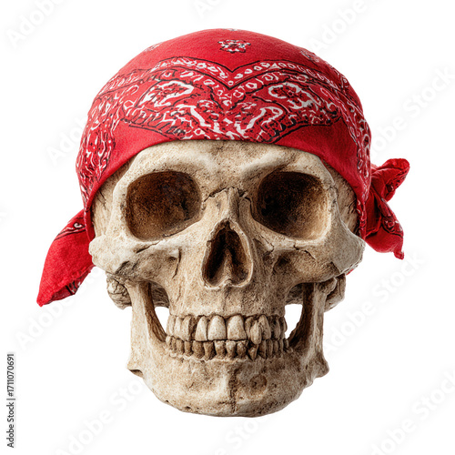 Creative skull with red bandana for Halloween decorations, isolated on transparent cutout background