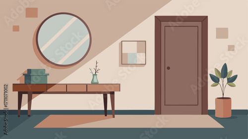 An entryway with a floating console table a large mirror and a minimalist wooden bench.