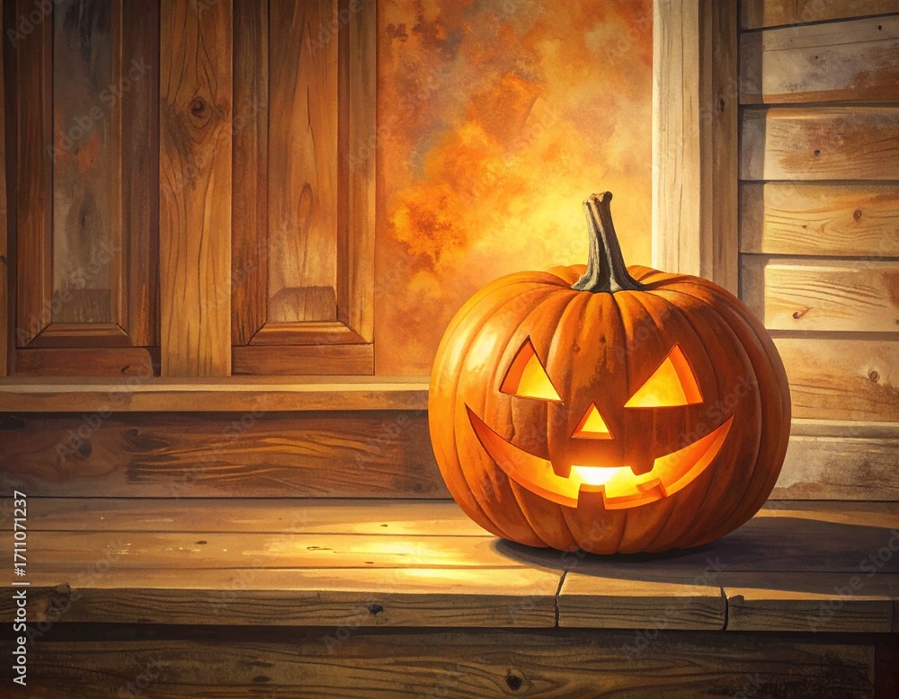 Obraz premium Glowing carved jack-o-lantern placed on rustic wooden deck with warm candlelight, autumn leaves scattered, cozy retro Halloween atmosphere with film grain texture